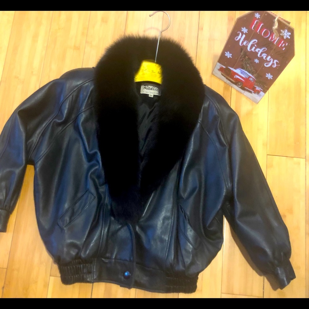 Vintage Radlee Black Leather Jacket Fox Fur Sz S